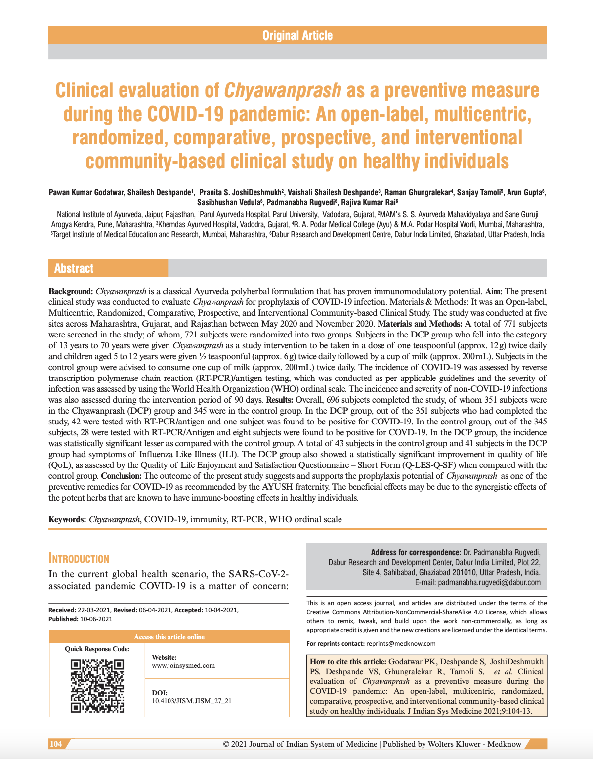 Clinical evaluation of Chyawanprash as a preventive measure during the COVID-19 pandemic